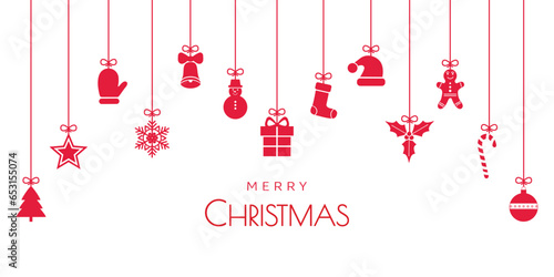 Christmas Happy New Year greeting card banner with holiday symbols ornaments on strings Merry Christmas text red on white. Template with copy space