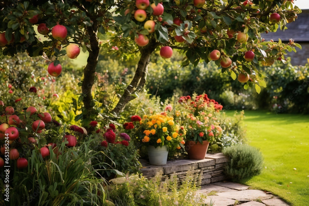 Obraz premium Harvest Festival border front garden in the apple orchard, with empty copy space Generative AI