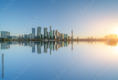 skyline of Shanghai financial district buildings at sunset