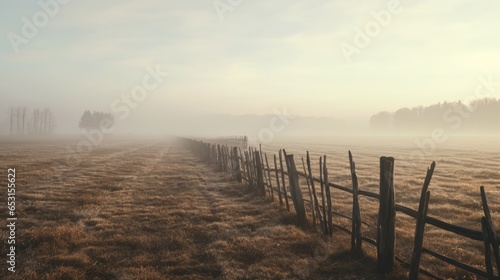 An old fence on a field with fog