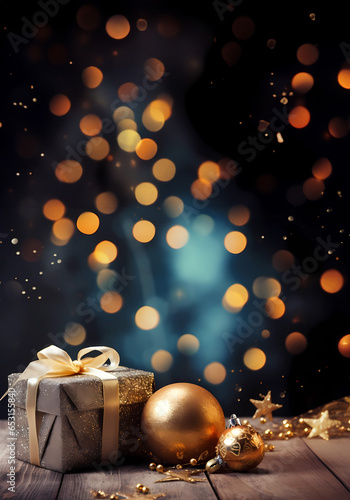 Weihnachtsdekoration auf Tisch mit Bokeh und Tiefenschärfe für Weihnachtsgrüße, hochkant, erstellt mit generativer KI
