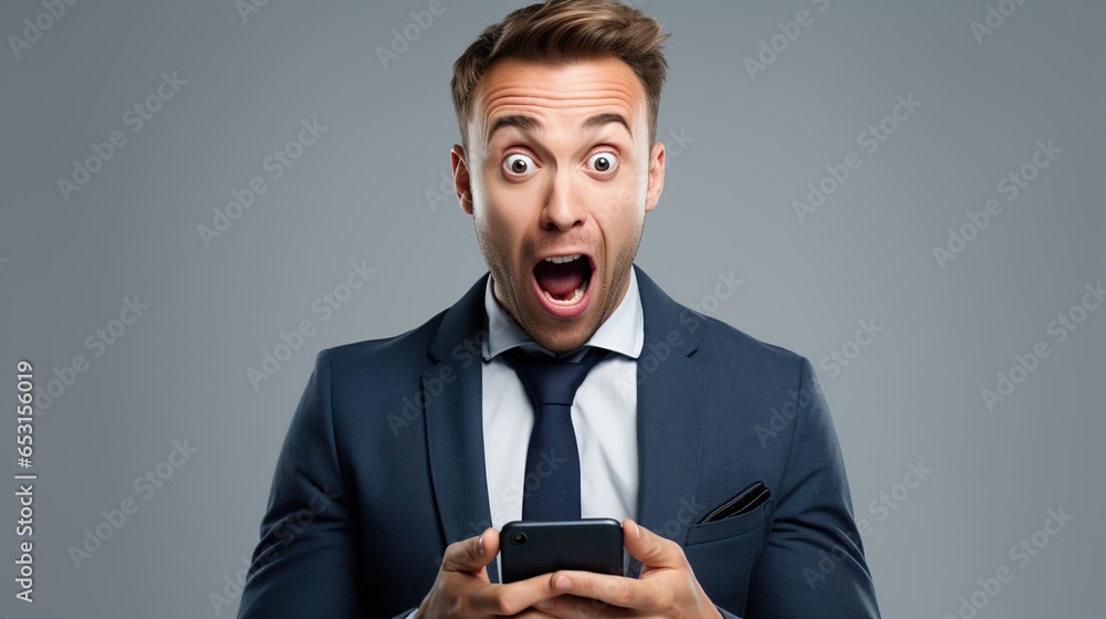 A Young businessman looking at his mobile phone with surprise expression isolated over gray background. A Young businessman looking at his mobile phone with surprise expression isolated over gray background.