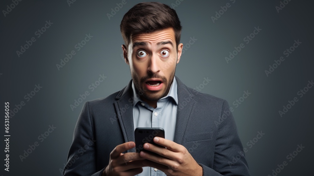 A Young businessman looking at his mobile phone with surprise expression isolated over gray background. A Young businessman looking at his mobile phone with surprise expression isolated over gray background.