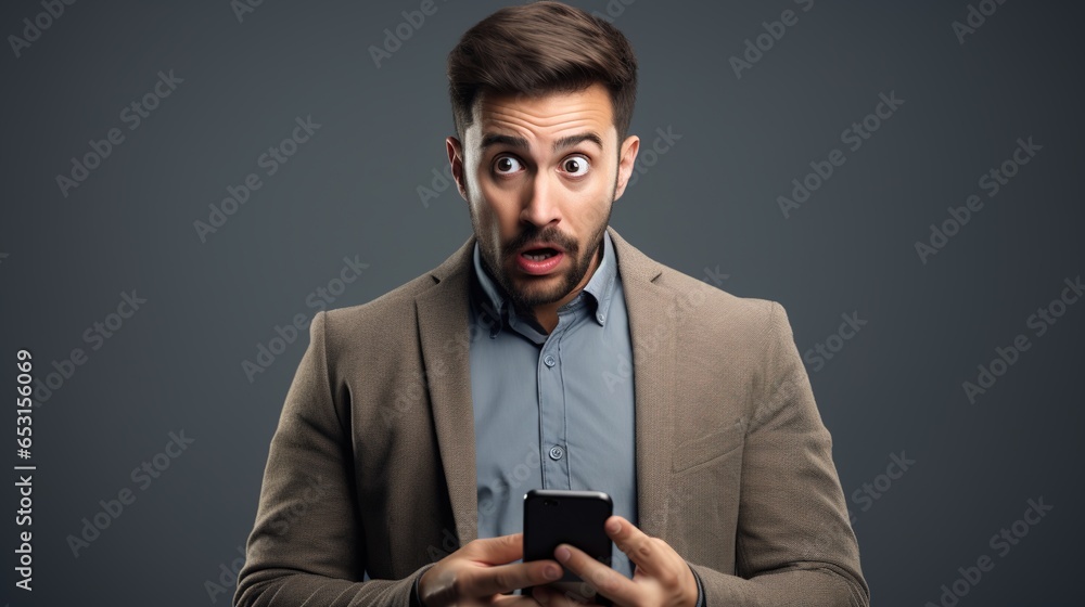 A Young businessman looking at his mobile phone with surprise expression isolated over gray background. A Young businessman looking at his mobile phone with surprise expression isolated over gray background.