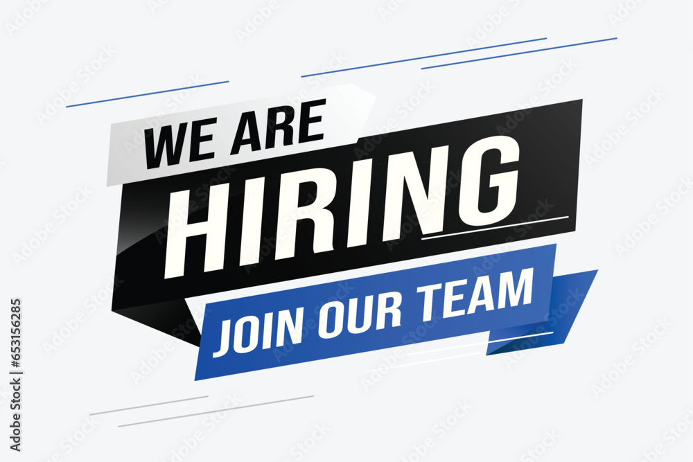Obraz premium hiring recruitment Join now design for banner poster We are hiring lettering with geometric shapes lines. Vector illustration typographic. Open vacancy design template modern concept