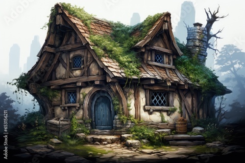 A small fantasy cabin in the forest concept art illustration