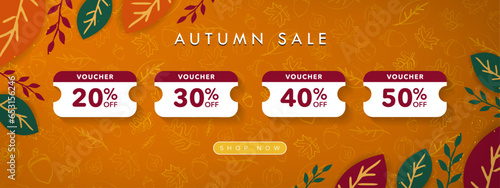 Autumn Sale Coupon Set Banner. 20% to 50% Discount Vouchers on orange patterned background with frame of leaves. Seasonal discount voucher template for fall. Shop now cta button. Vector Illustration.