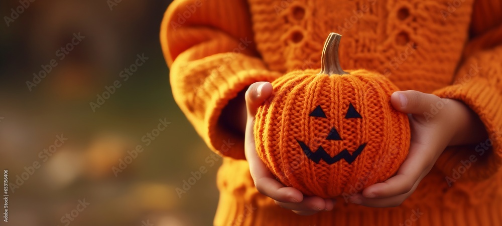 halloween autumn background - Closeup of child holding a knitted orange halloween pumpkin in the hands