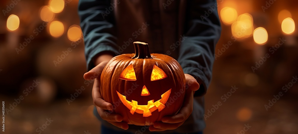 halloween autumn background - Closeup of child holding a carved pumpkin in the hands - obrazy, fototapety, plakaty 