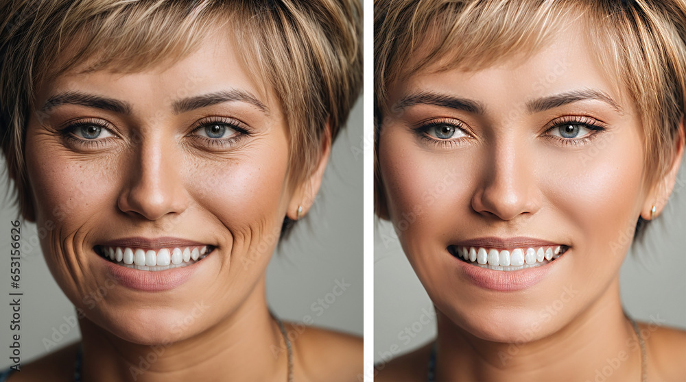 Woman face wrinkles before and after treatment Woman face wrinkles before and after treatment