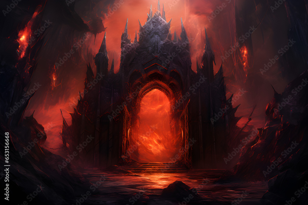Demonic Gate with Lava River - Digital Illustration. - obrazy, fototapety, plakaty 