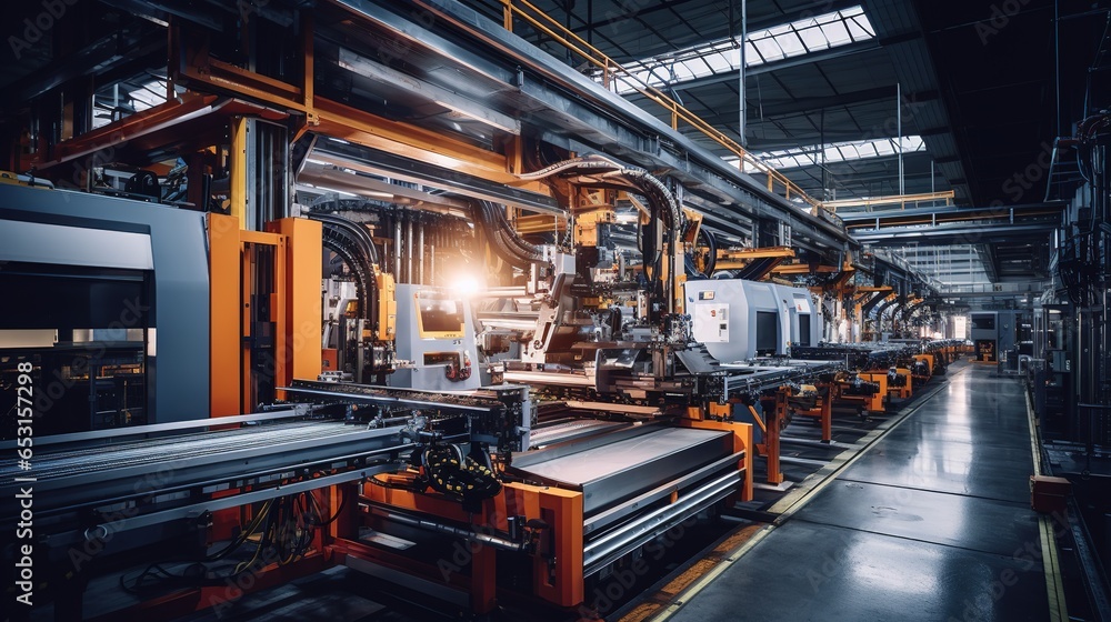 A Manufacturing: The manufacturing industry involves producing goods on a large scale, manufacturing, assembly lines, factories, machines, and industrial robots.