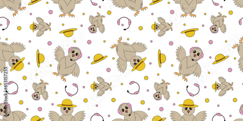 Fototapeta Naklejka Na Ścianę i Meble -  Seamless pattern with Cartoon drawing Owl in trendy retro style on white background. Design t-shirt print with Wild Bird in microphone. Textile, wallpaper print. Vector illustration.