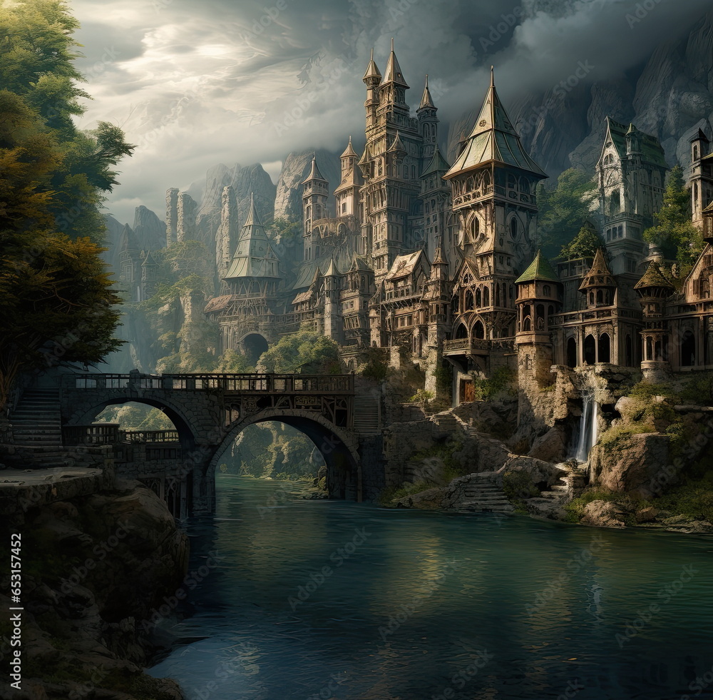 An illustration of a fantasy game scene. Game location design. A medieval castle, an old bridge and waters of a river. Fantasy setting art