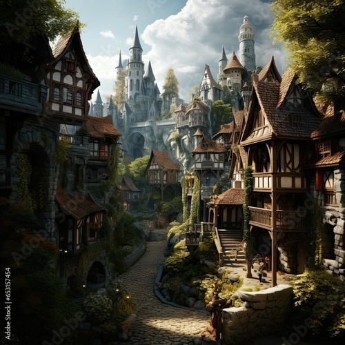 An illustration of scene from a historic game. Fantasy location. View on the ancient castle and old buildings in a fantasy world