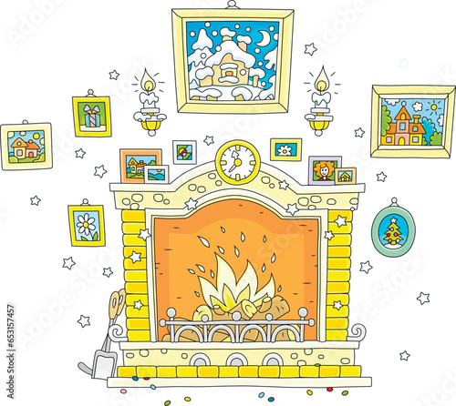Bricky fireplace with burning firewood, pretty country pictures, a clock and candles, vector cartoon illustration isolated on a white background