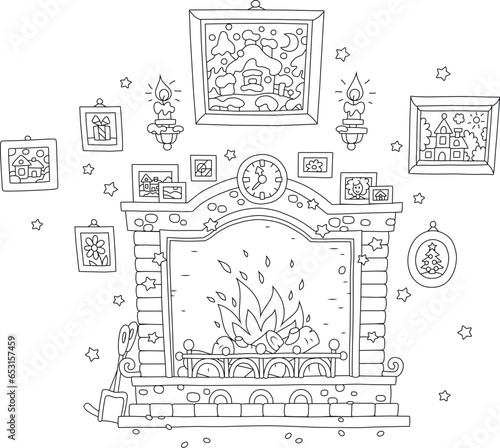 Bricky fireplace with burning firewood, pretty country pictures, a clock and candles, black and white outline vector cartoon illustration for a coloring book
