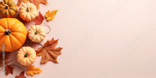 Fall background with orange pumpkins and fall leaves on a light empty surface with copy space. Generative AI