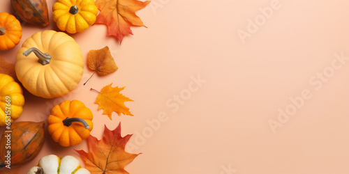 Fall background with orange pumpkins and fall leaves on a light empty surface with copy space. Generative AI