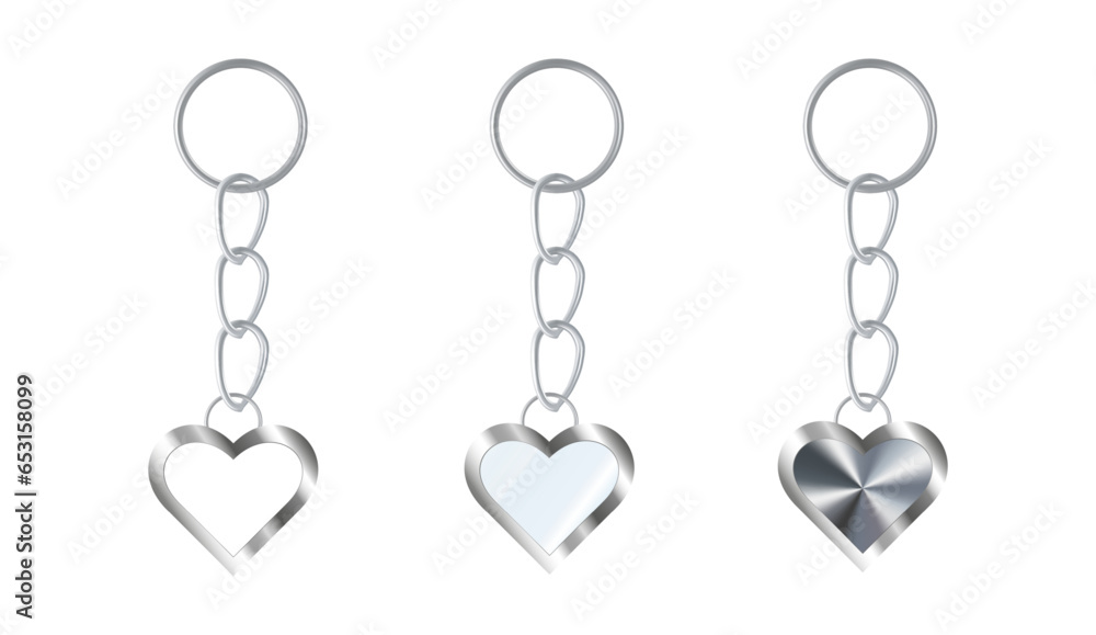 A set of silver or steel keychains in the shape of a heart. Chains made of stainless steel. Metal key holders isolated on white background. Realistic vector illustration. A set of silver or steel keychains in the shape of a heart. Chains made of stainless steel. Metal key holders isolated on white background. Realistic vector illustration.