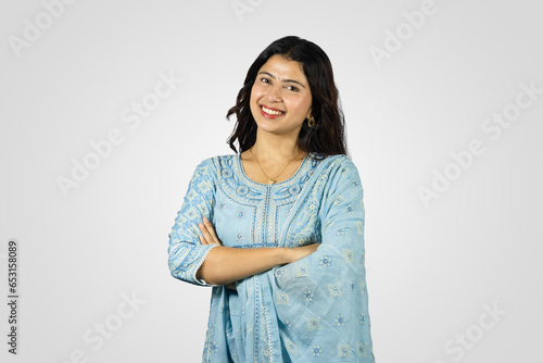 Young Smiling Asian Nepali Indian Housewife giving several best gestures  and poses with greeting