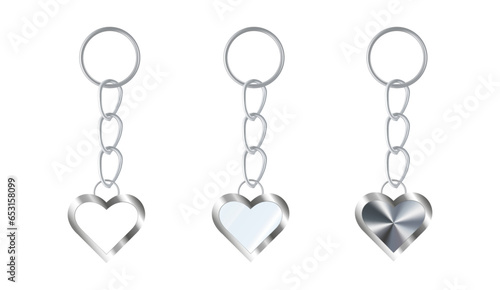 A set of silver or steel keychains in the shape of a heart. Chains made of stainless steel. Metal key holders isolated on white background. Realistic vector illustration.