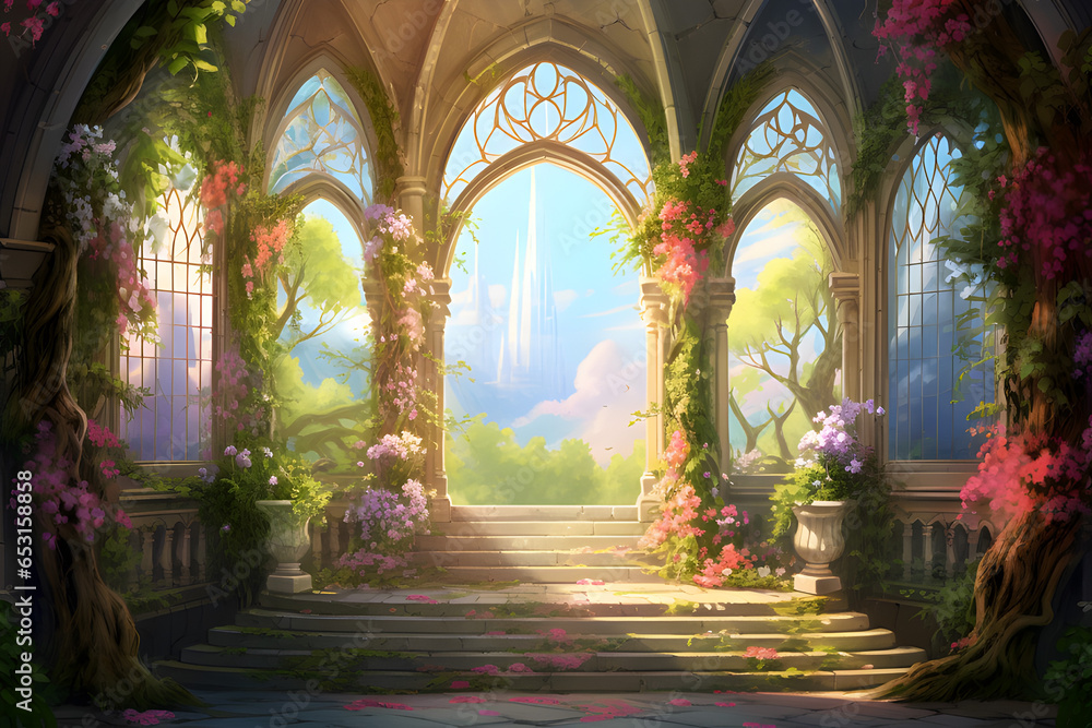 A beautiful secret fairytale garden with flower arches and colorful greenery,Digital Painting Background.