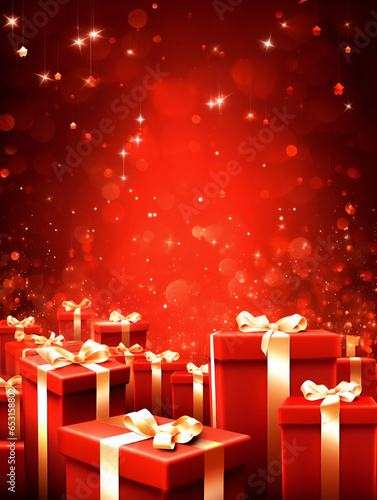 Red shiny Christmas background with presents, copy space for text 