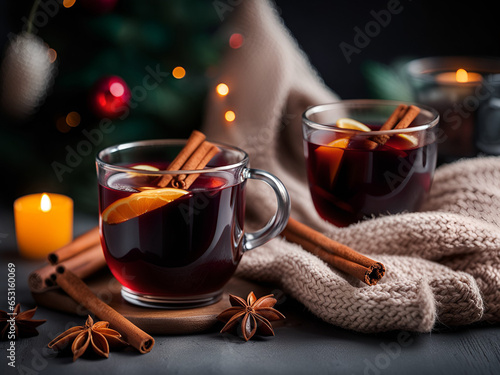 Christmas mulled wine with cinnamon sticks and anise stars. Cozy home scenery. 