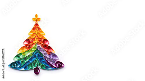 A colorful paper christmas tree on a white surface. Digital art. Paper quilling. Christmas ornament.