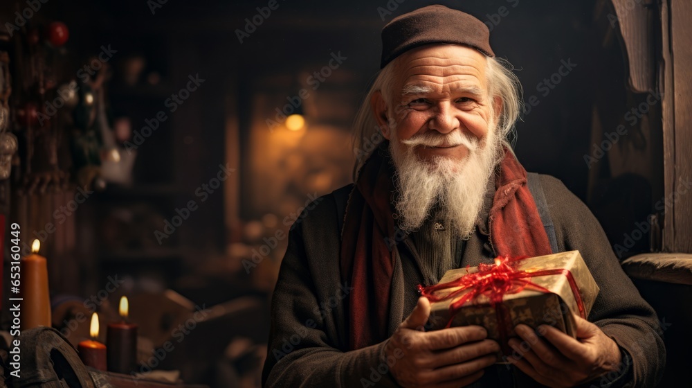 Old man holding a gift in his hands Old man holding a gift in his hands