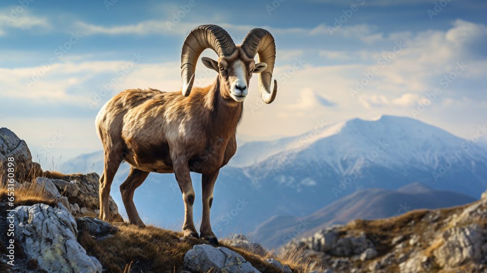 Mountain wild argali on the top of a rock against the clouds