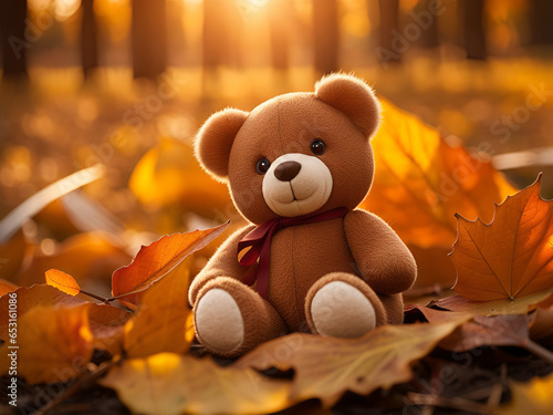 A cute teddy bear sitting among autumn leaves.