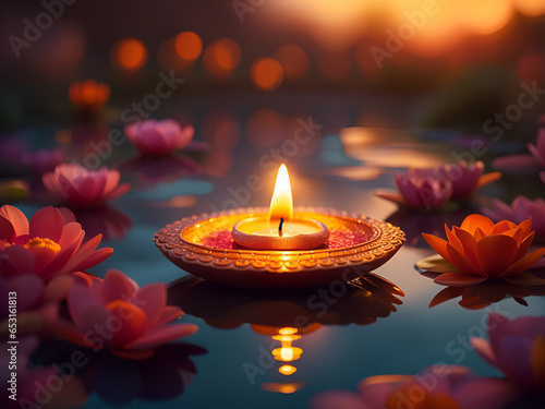 Close up of a  decorative Diwali diya lamp floating on water among flowers. photo