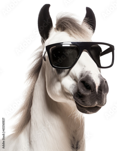Portrait of a white horse wearing sunglasses isolated on a white background as transparent PNG © Flowal93