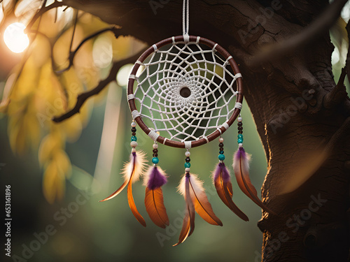Dream catcher hanging on a tree.