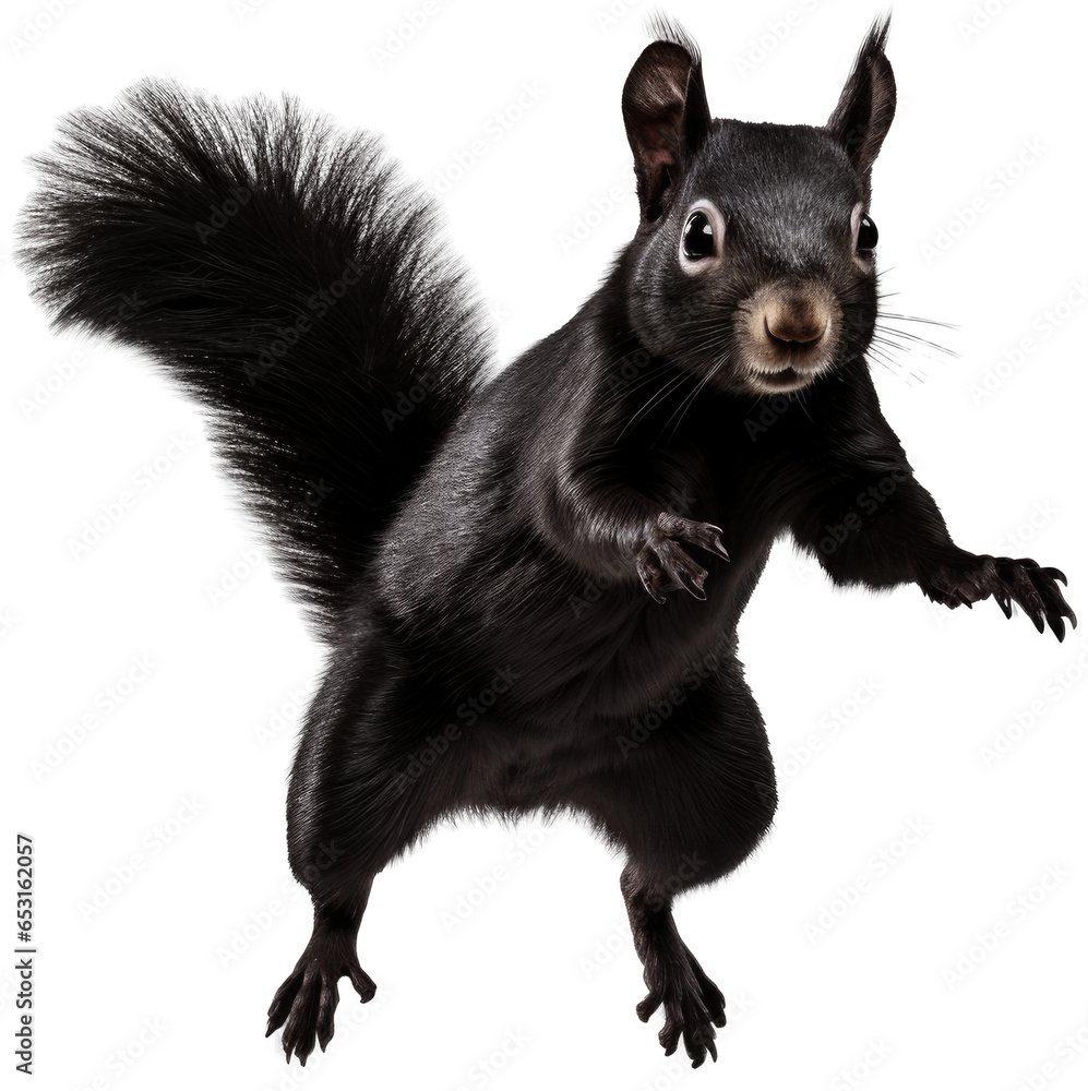 Jumping black squirrel isolated on a white background as transparent PNG Jumping black squirrel isolated on a white background as transparent PNG