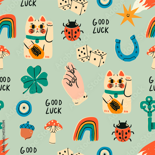 Maneki Neko, horseshoe, clover, acorn, evil eye, star, dice, fig, key, mushroom, rainbow. Talisman, amulet, good luck symbol, fortune, success, prosperity concept. Hand drawn Vector seamless Pattern
