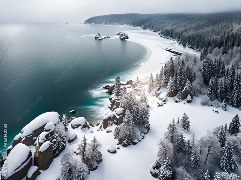 Top view  of an ocean coast with forset at winter. - obrazy, fototapety, plakaty 