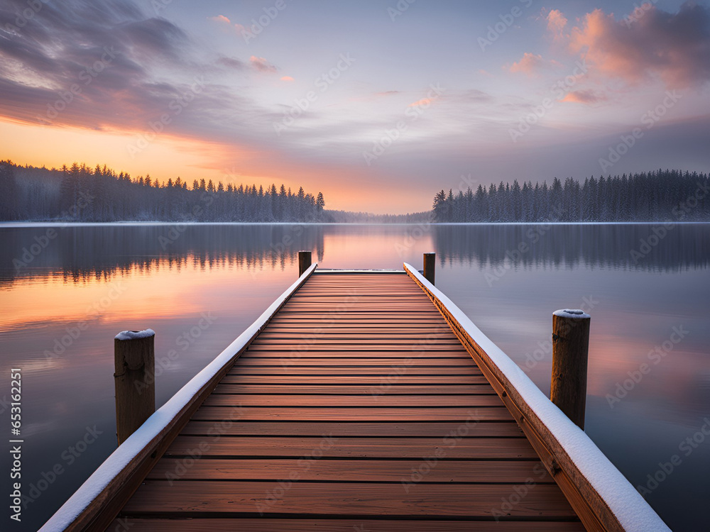 Wooden pier on the lake at winter. Sunset. Wooden pier on the lake at winter. Sunset.