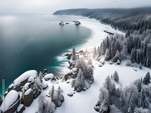 Top view of an ocean coast with forset at winter.