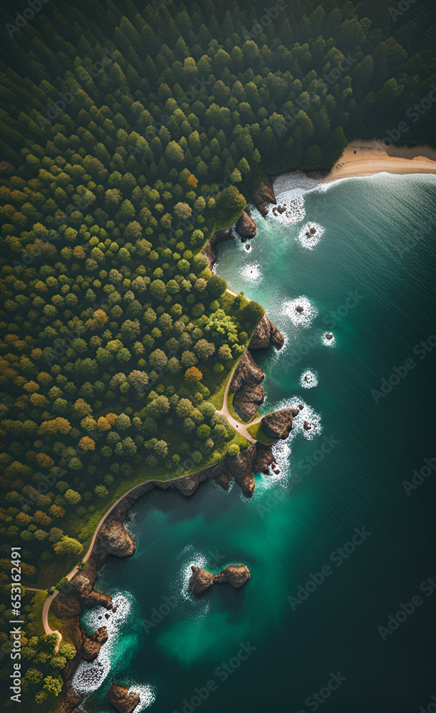 Top view  of an ocean coast with forset.