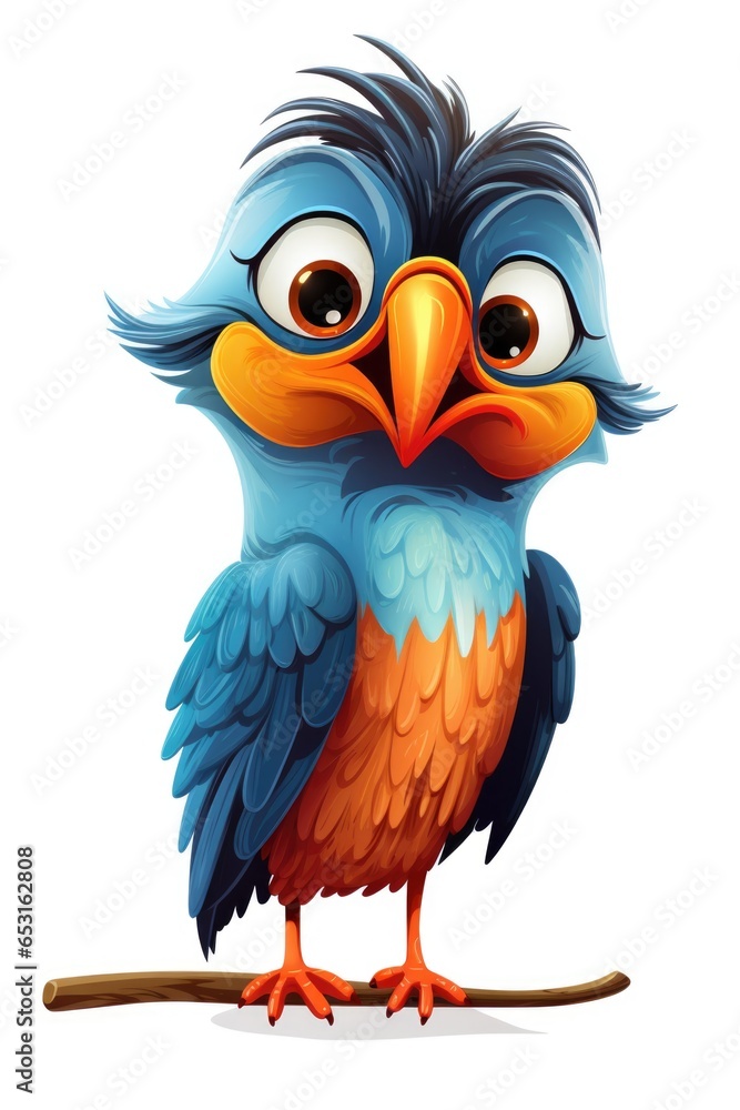 A blue and orange bird sitting on a branch. Digital art.