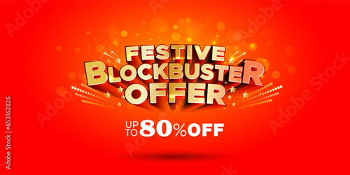 Festive sale offer concept. Festive Blockbuster offer and 50% off 3d Vector typography. Luxury, golden, Festive red background. Banner, poster advertising design.