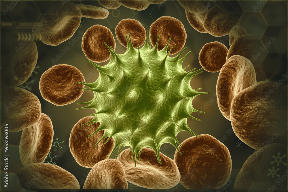 Red blood cells with viruses. 3d illustration.. - obrazy, fototapety, plakaty 
