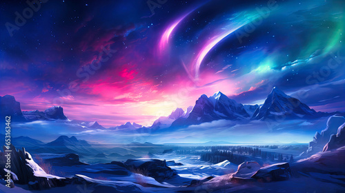 Celestial auroras over an icy tundra,