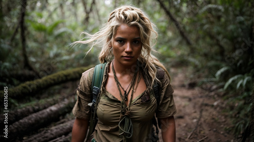 Portrait of a beautiful blonde adventure woman in a jungle