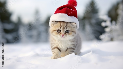 cat with santa claus hat in snowy landscape