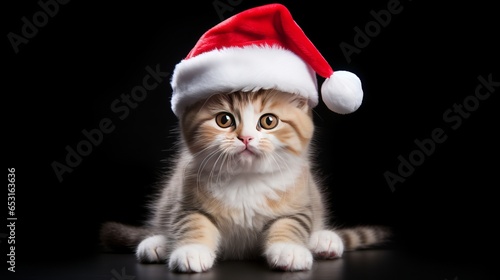 kitten in santa claus hat isolated on black