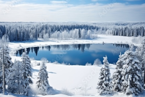 Aerial view of the forest with a lake at winter. The trees are covered with snow. Beautiful nature.